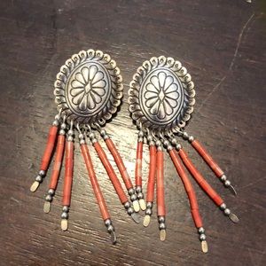 Native American Coral Concho Drop earrings sterling